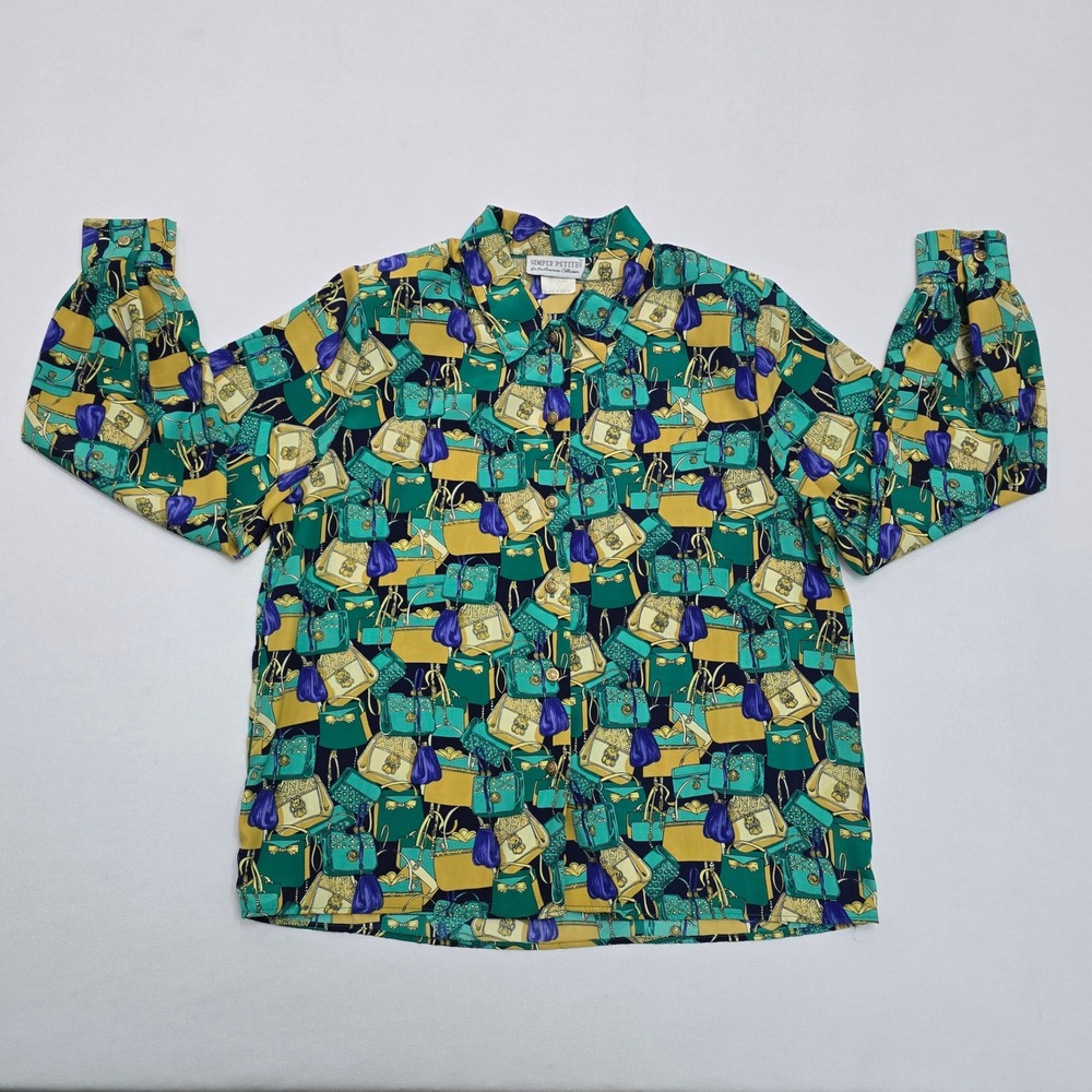 Simply Petites Vintage Handbag Print Blouse Green Yellow Long Sleeve Size 12 P